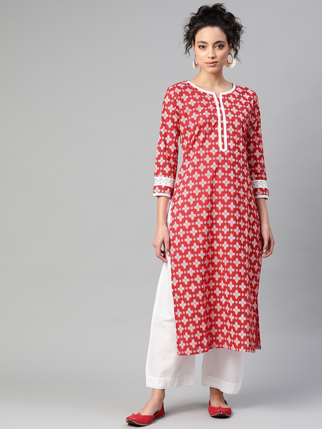 

Indo Era Women Red & White Pure Cotton Khari Printed Kurta with Trousers