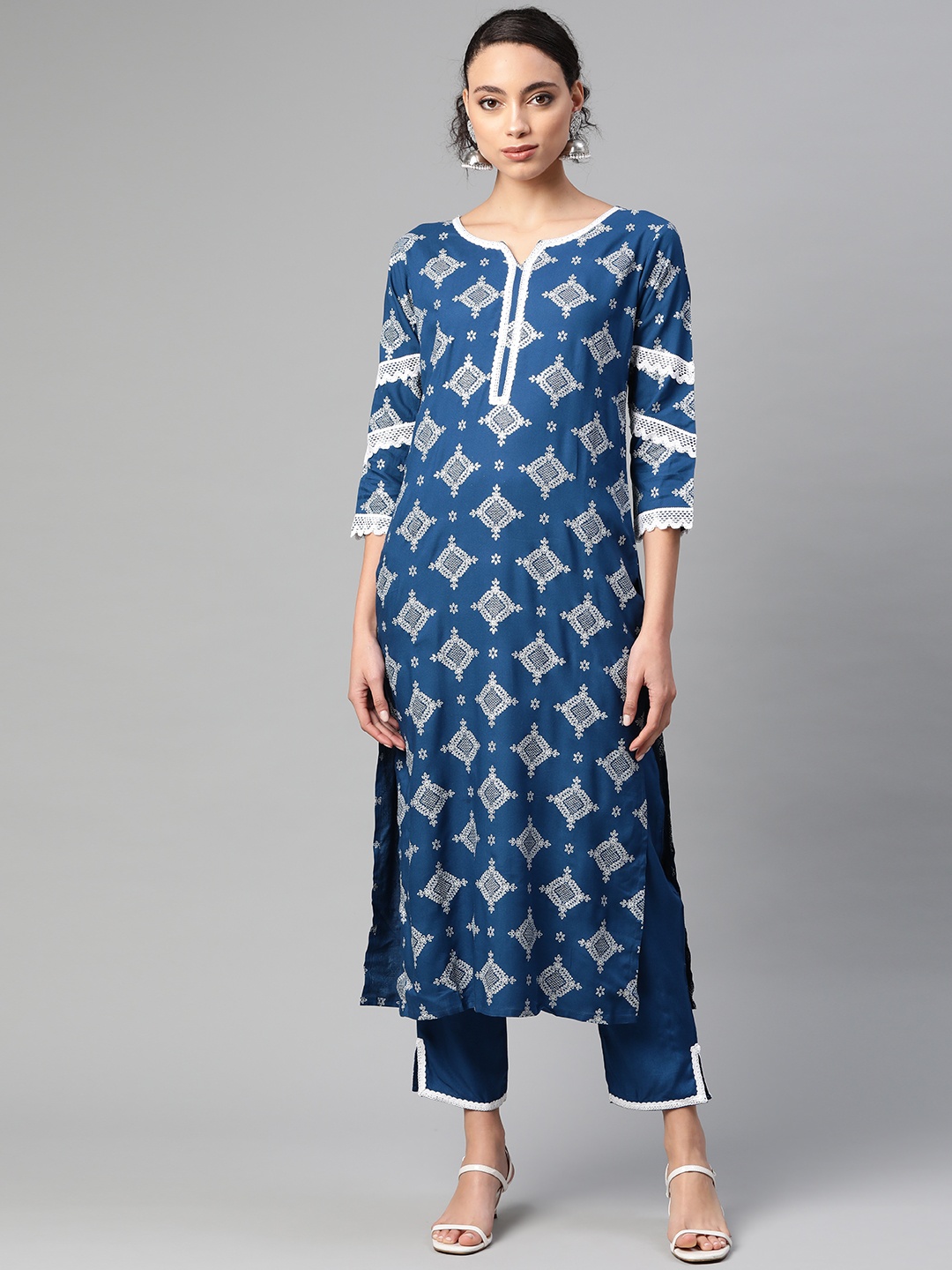 

Indo Era Women Blue & White Foil Printed Kurta with Trousers