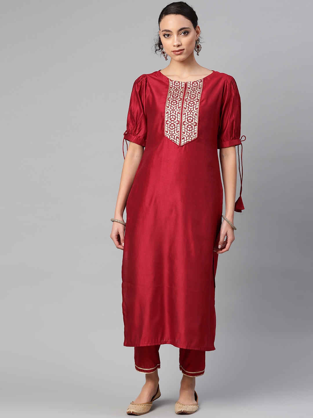 

Indo Era Women Red Yoke Design Kurta with Trousers