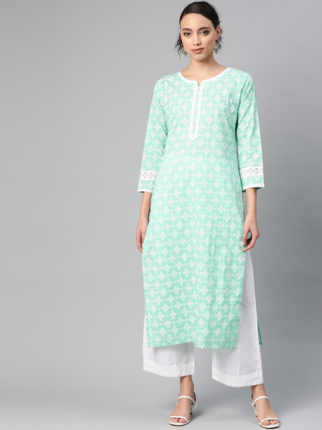 

Indo Era Women Sea Green & White Pure Cotton Khari Printed Kurta with Palazzos