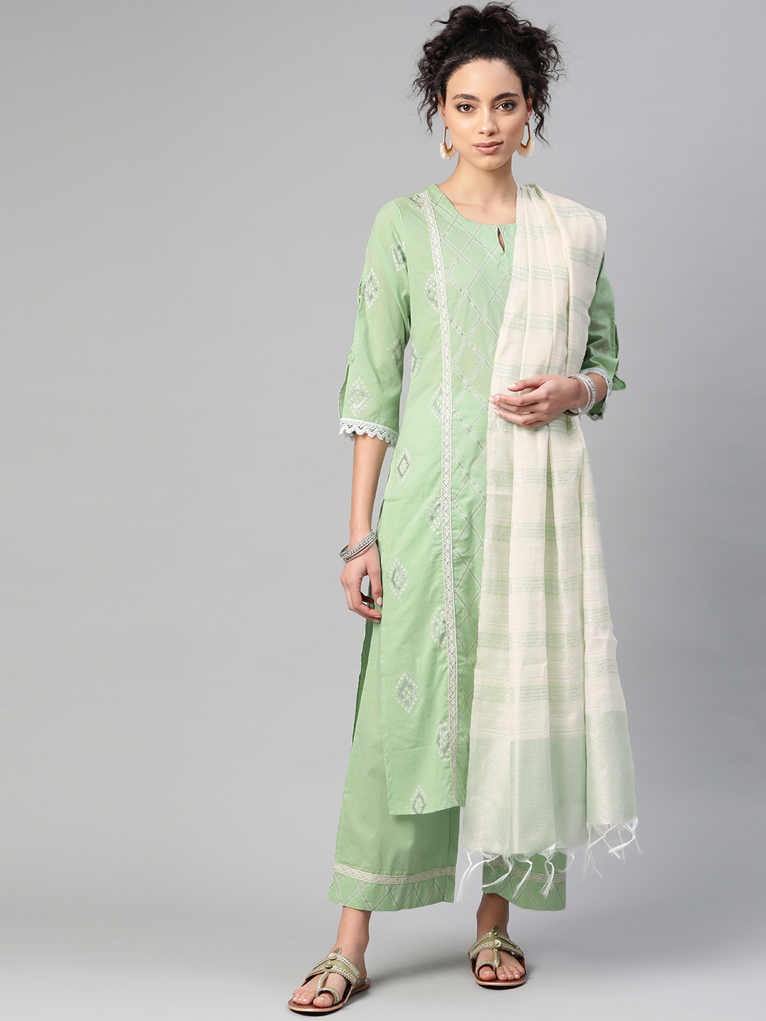 

Indo Era Women Green & Off-White Pure Cotton Khari Printed Kurta with Palazzos & Dupatta