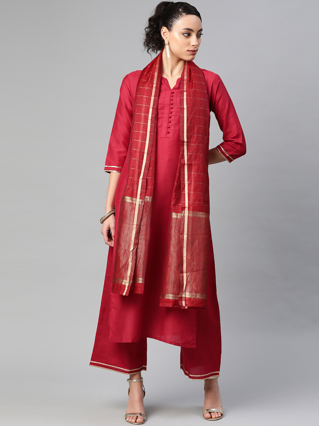 

Indo Era Women Maroon Solid Kurta with Palazzos & Dupatta