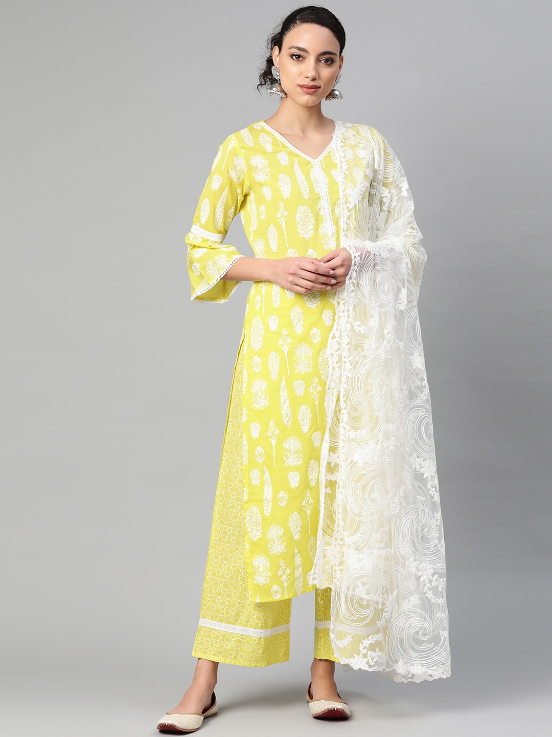 

Indo Era Women Lime Green & White Foil Print Kurta with Palazzos & Dupatta