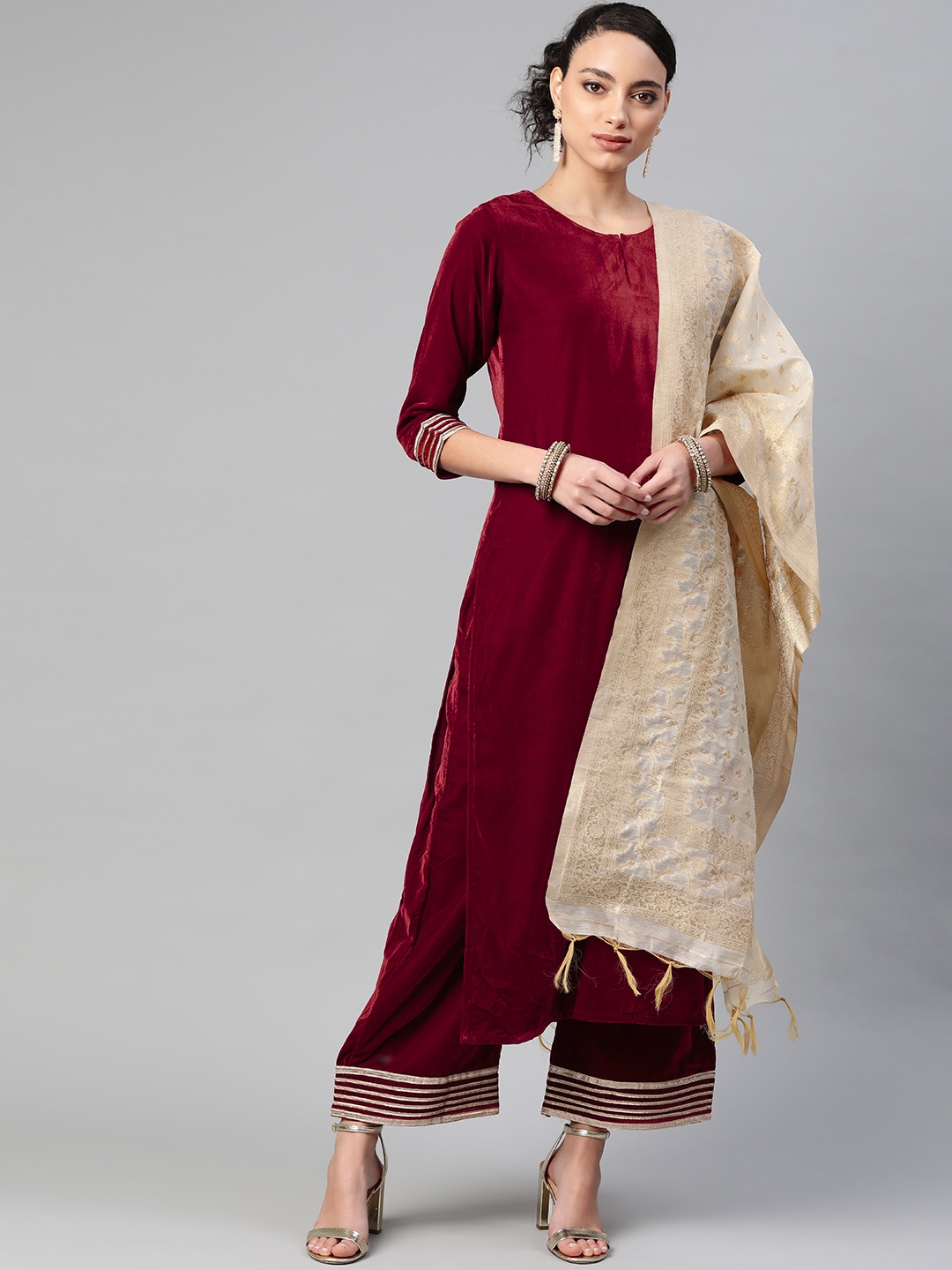 

Indo Era Women Maroon Solid Velvet Kurta with Palazzos & Dupatta