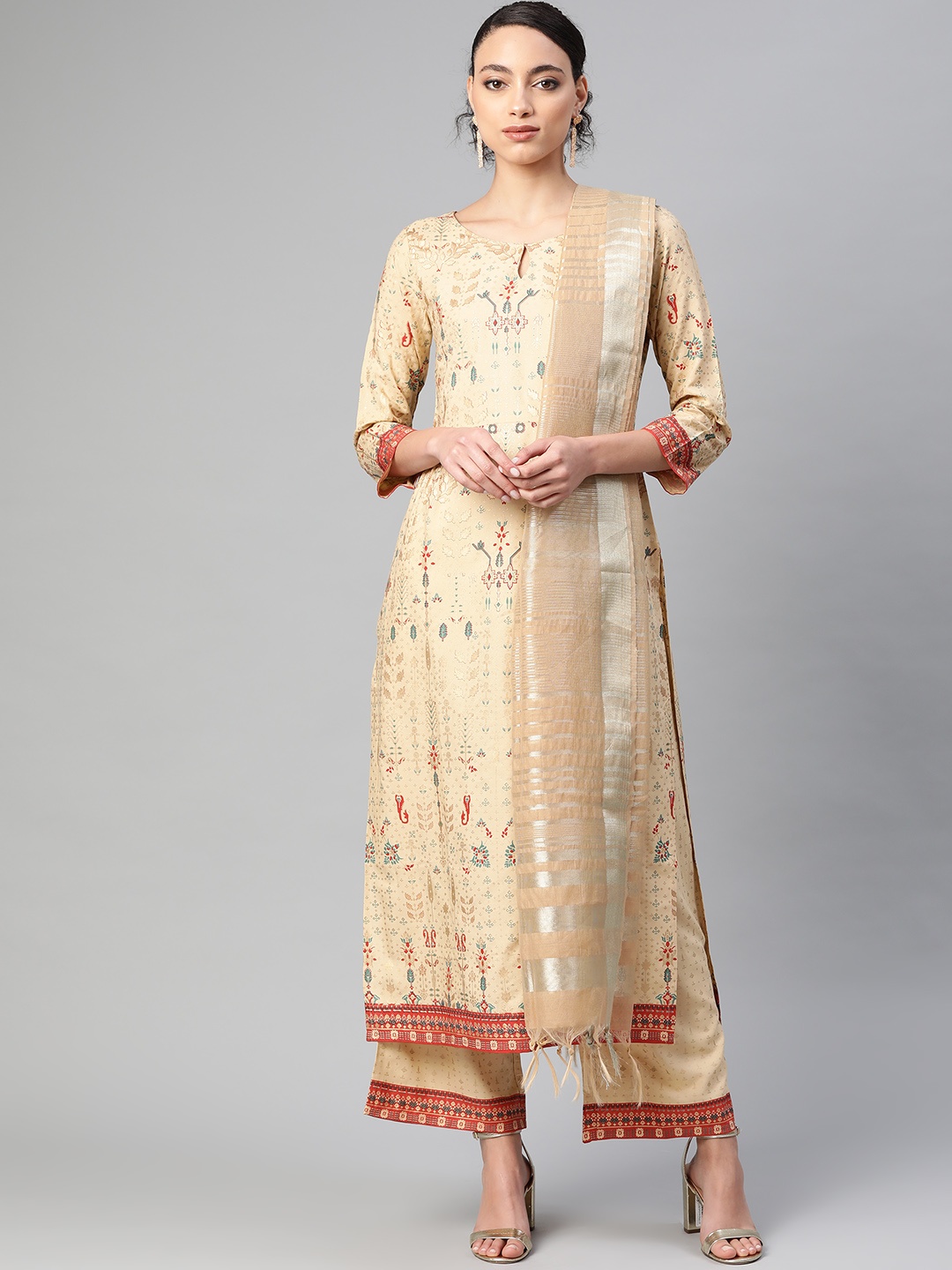 

Indo Era Women Beige & Blue Foil Print Kurta with Palazzos & Dupatta