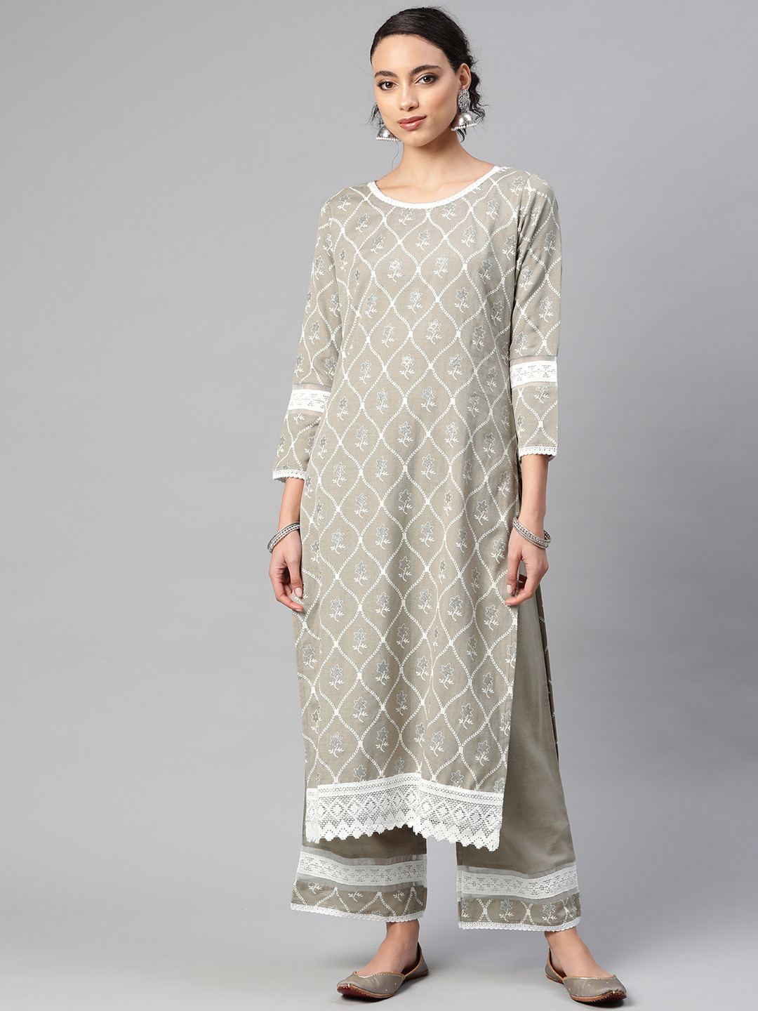 

Indo Era Women Grey & White Foil Printed Kurta with Palazzos & Dupatta