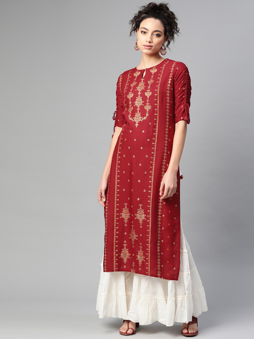 

Indo Era Women Maroon & Golden Foil Print Straight Kurta