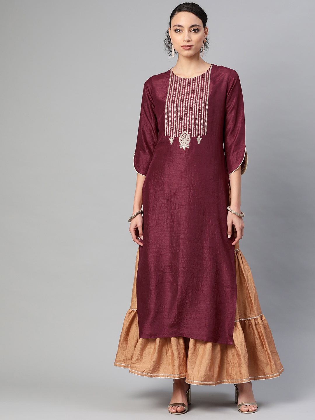 

Indo Era Women Maroon & Golden Yoke Design Kurta with Sharara