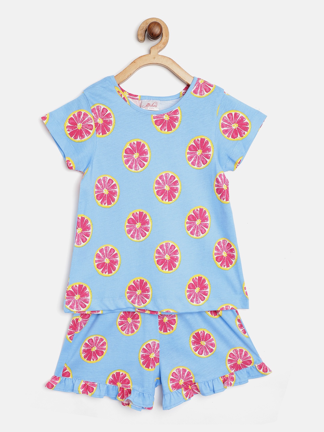 

pspeaches Girls Blue & Pink Sweet Lemon Print Pure Cotton Night Suit