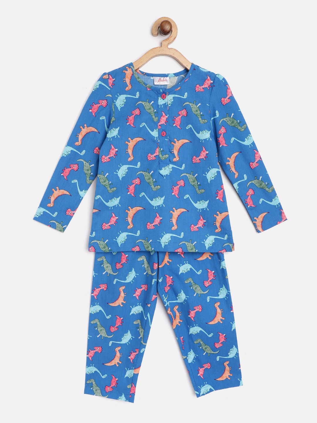 

pspeaches Girls Blue & Pink Dinosaur Print Pure Cotton Night Suit