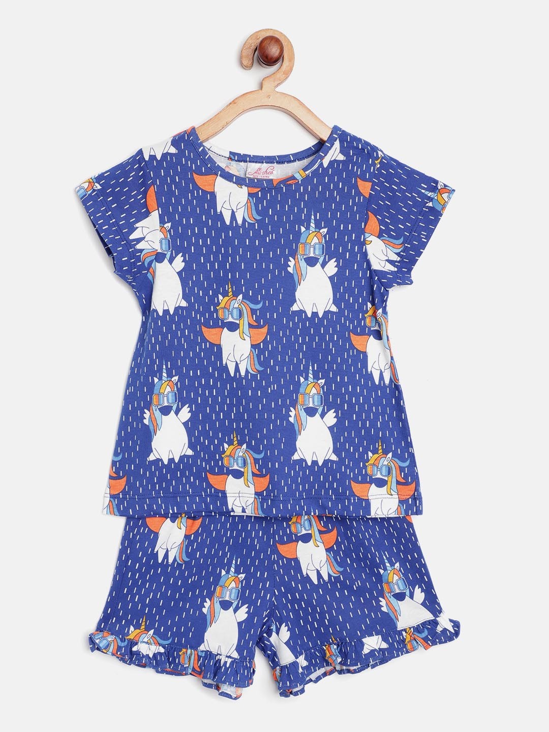

pspeaches Girls Blue & White Unicorn Print Pure Cotton Night Suit