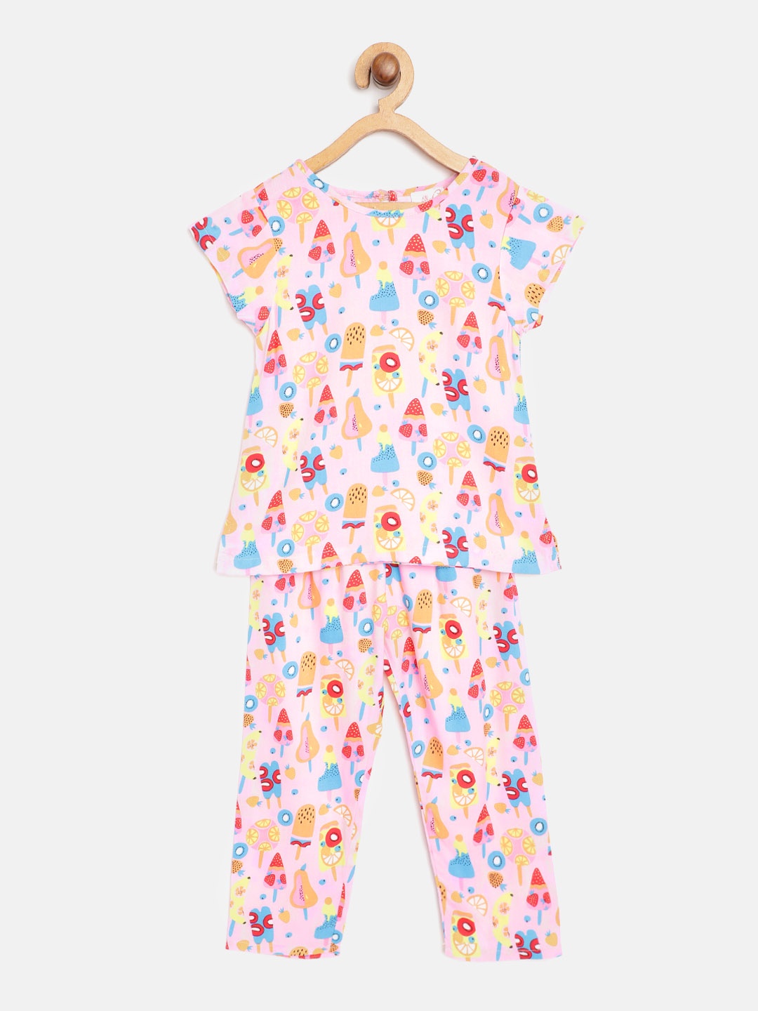 

pspeaches Girls Pink & Blue Ice Cream Print Pure Cotton Night Suit