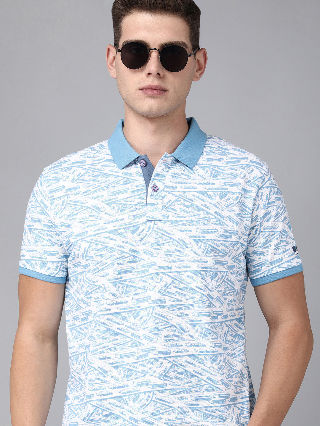 

BEAT LONDON by PEPE JEANS Men Blue & White Printed Polo Collar Pure Cotton T-shirt