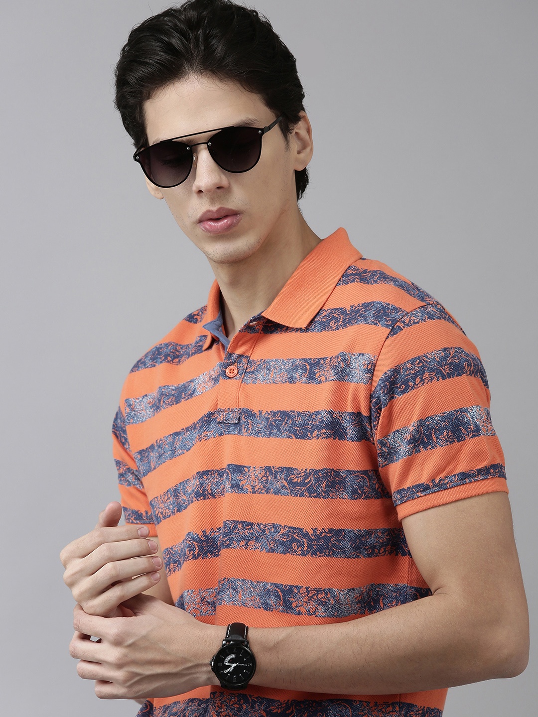 

BEAT LONDON by PEPE JEANS Men Peach-Coloured Navy Blue Striped Pure Cotton Polo Collar Tshirt