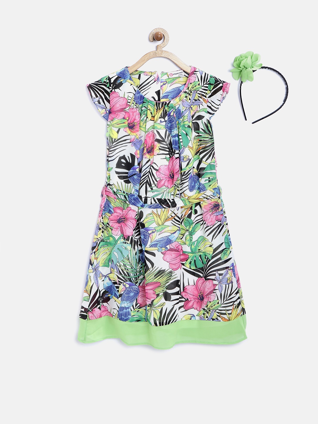 

Peppermint Girls Multicoloured Polyester Printed A-Line Dress with Hairband, Multi