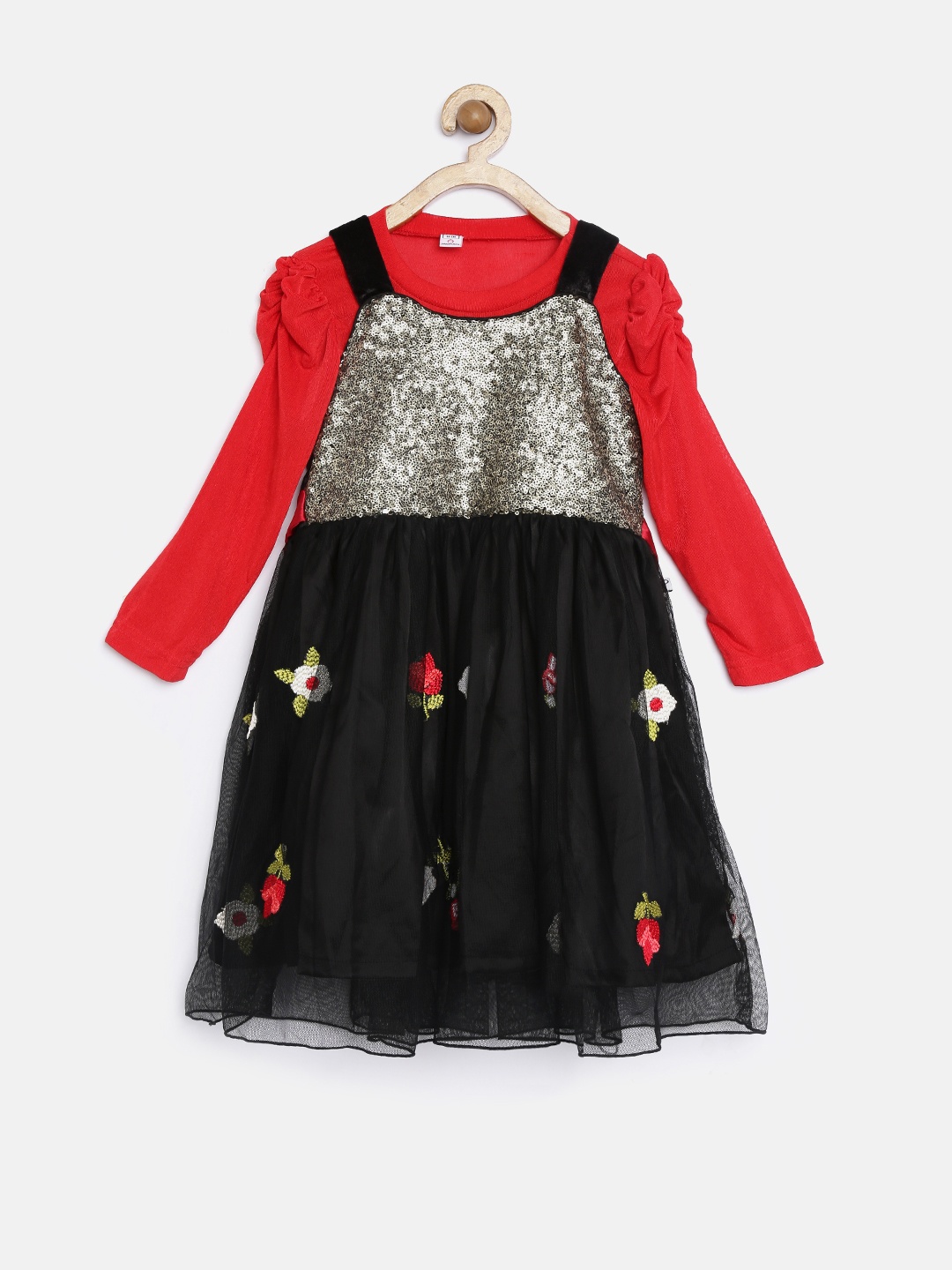 

Peppermint Girls Black & Red Sequinned Fit & Flare Dress with Top