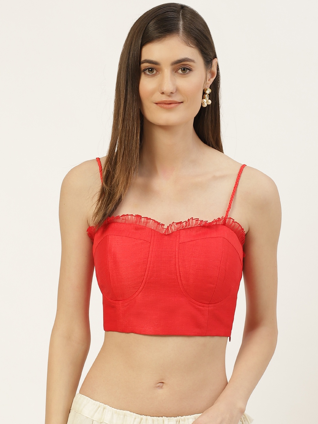 

Studio Shringaar Women Red Solid Halter Spaghetti Saree Blouse with frills