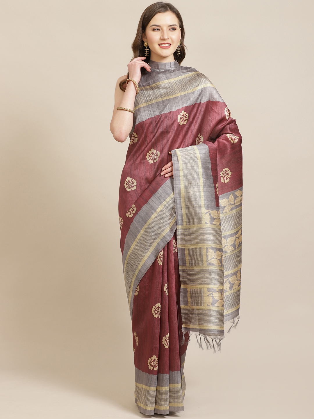 Mitera Maroon & Beige Printed Bhagalpuri Saree