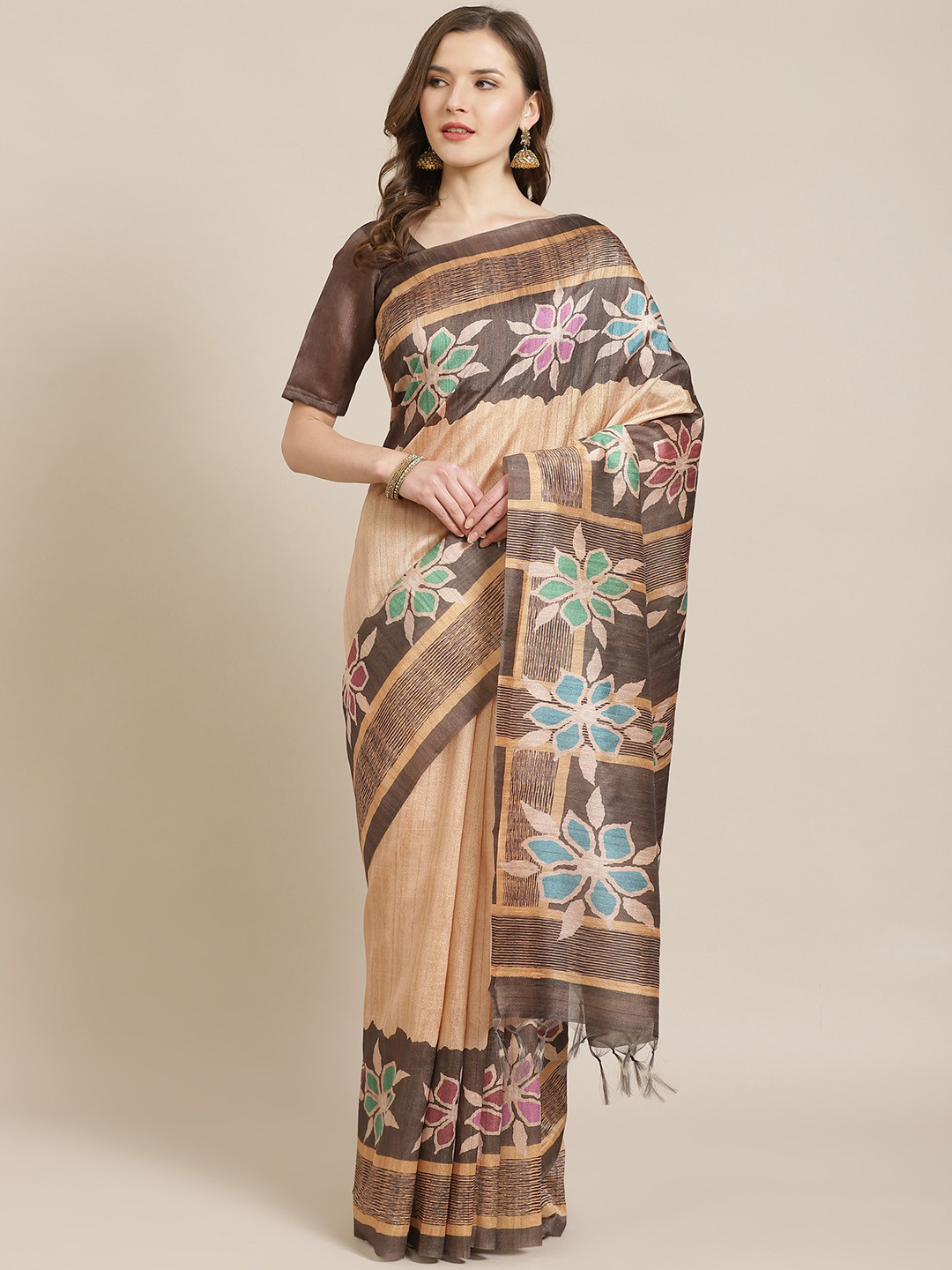 

Mitera Beige & Brown Printed Bhagalpuri Saree
