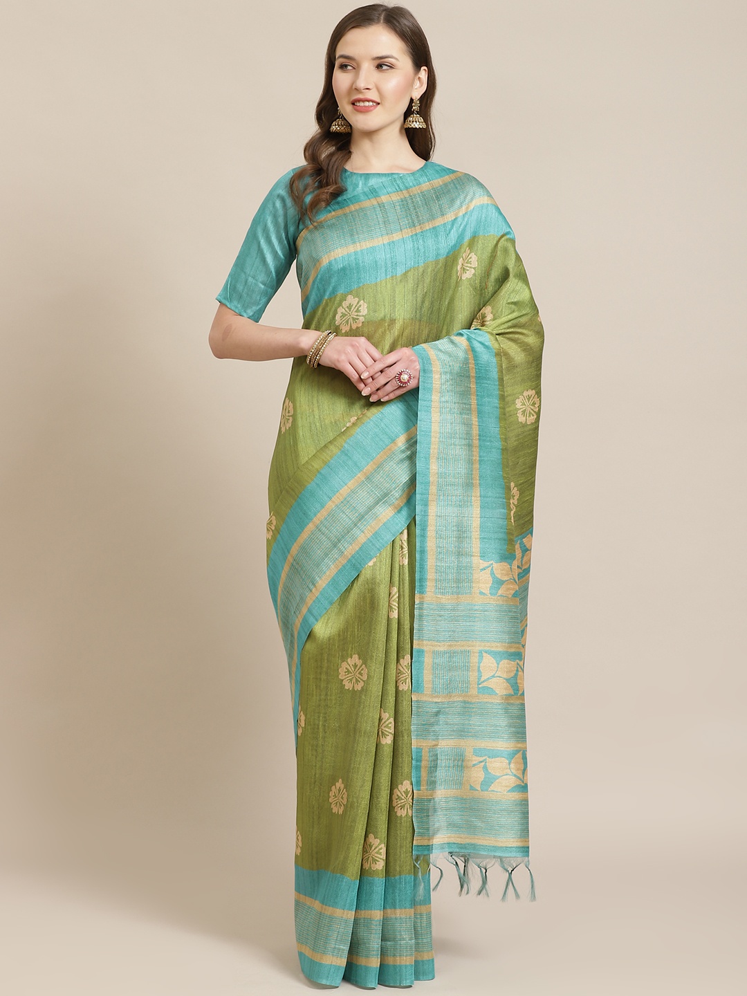 

Mitera Green & Blue Floral Printed Bhagalpuri Saree