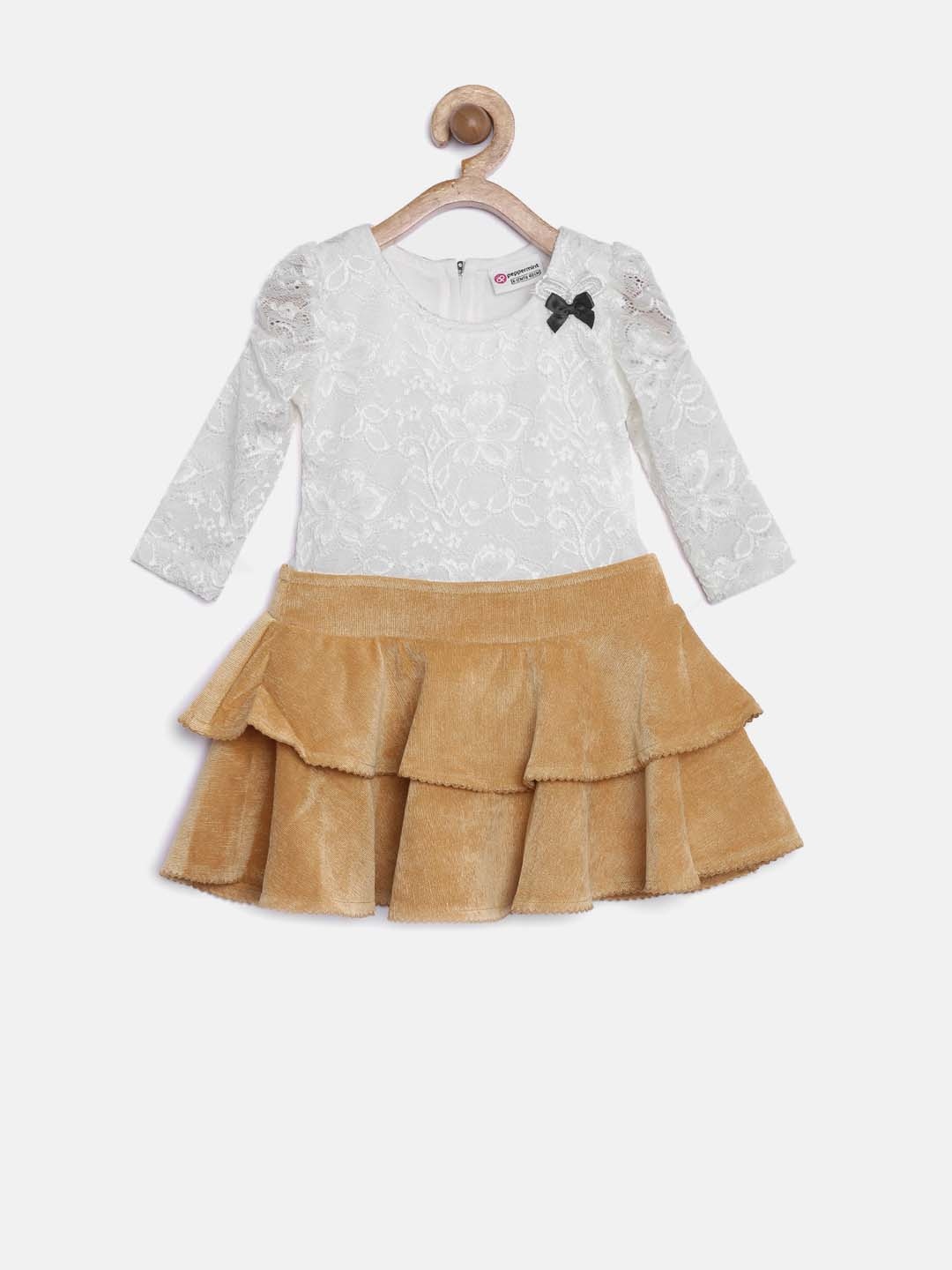 

Peppermint Girls Off-White & Mustard Yellow Lace Polyester Fit & Flare Dress