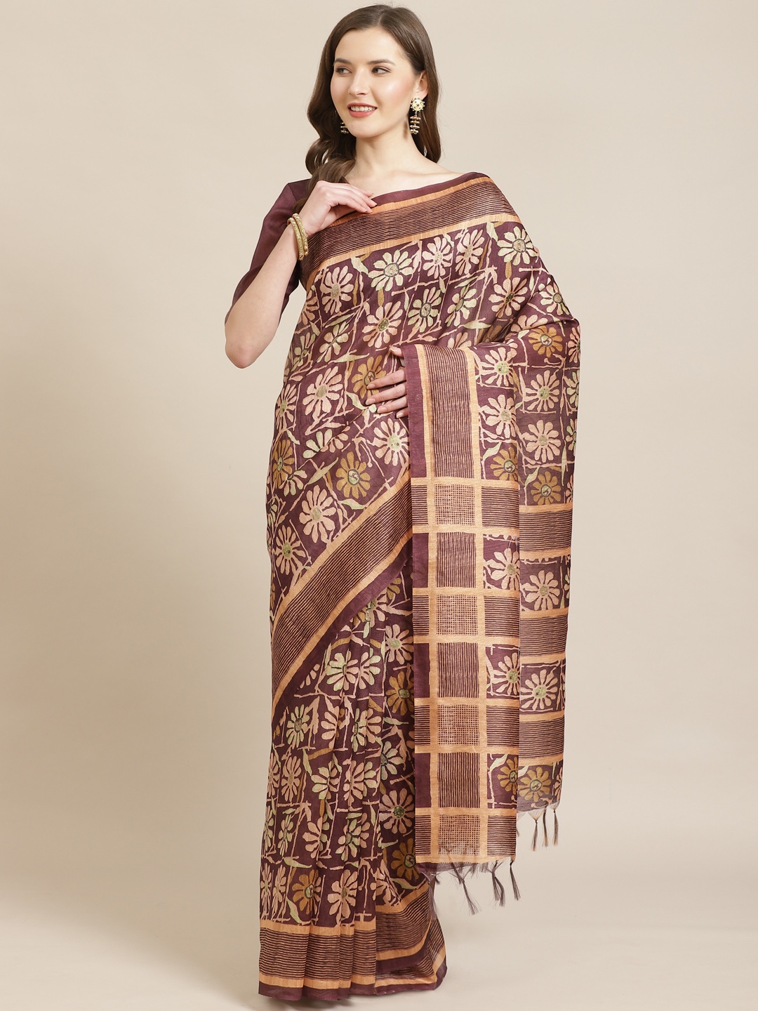 

Mitera Burgundy & Pink Floral Printed Bhagalpuri Saree