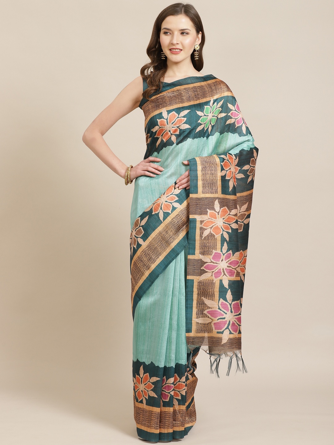 

Mitera Sea Green & Peach-Coloured Printed Bhagalpuri Saree