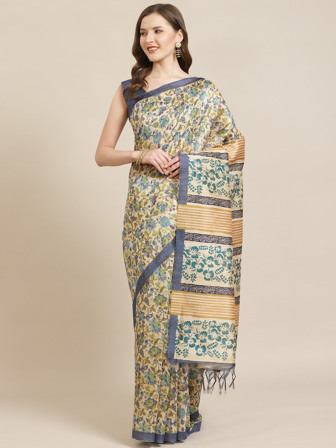 

Mitera Beige & Green Floral Printed Bhagalpuri Saree