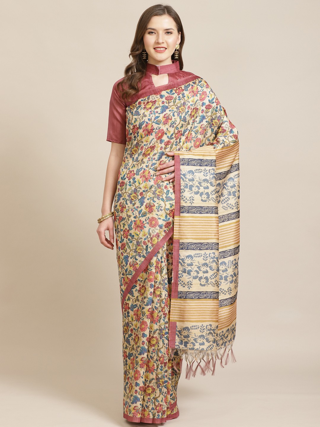 

Mitera Beige & Blue Floral Printed Bhagalpuri Saree