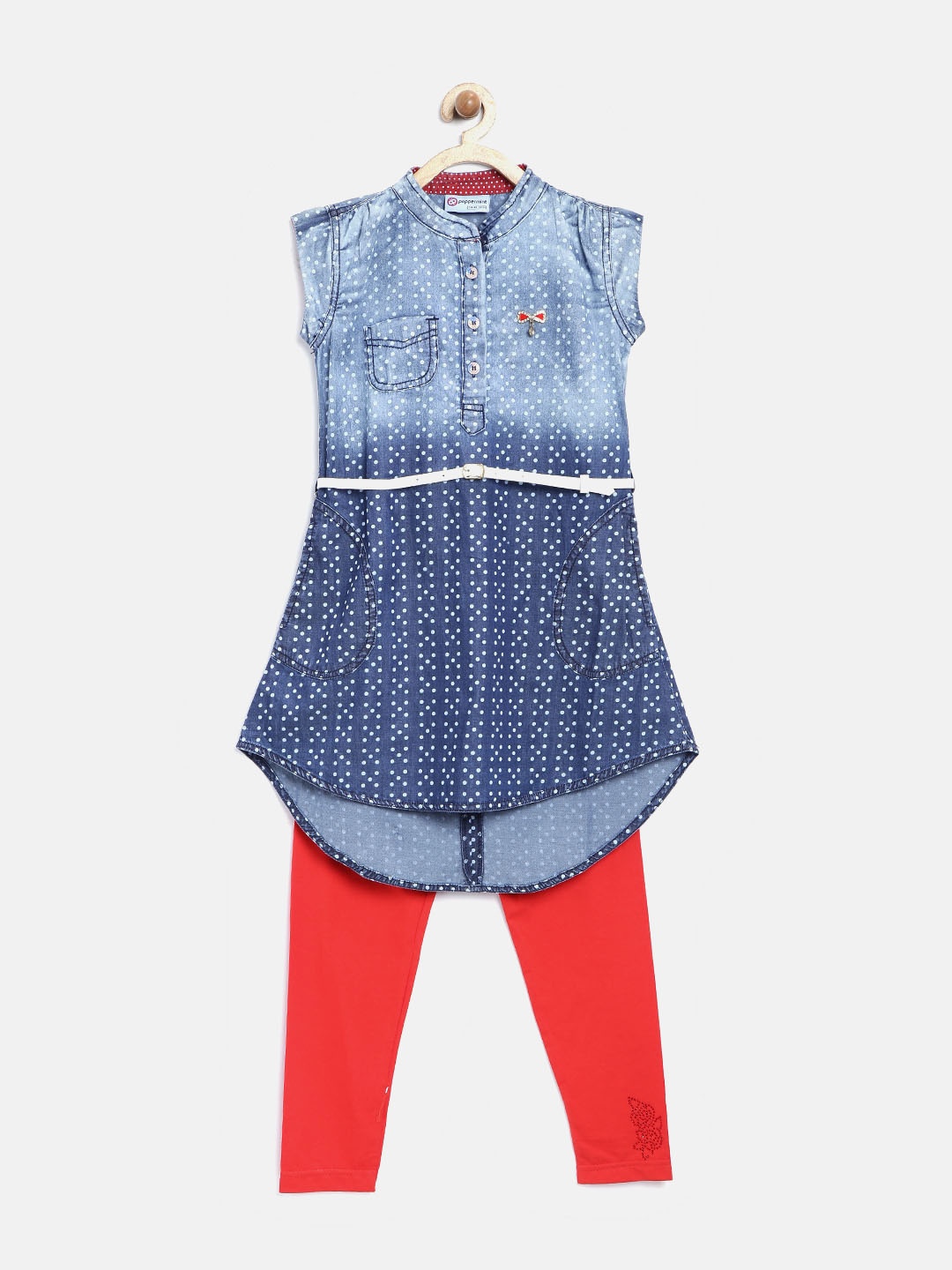 

Peppermint Girls Blue & Red Washed Printed Clothing Set