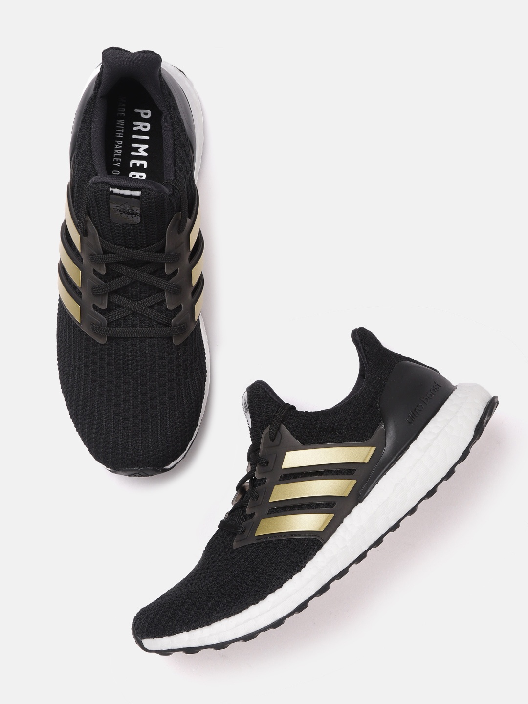 

ADIDAS Men Black & Gold-Toned Woven Design Ultraboost 4.0 DNA Running Shoes