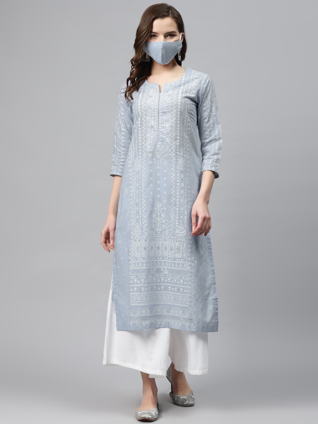 

Biba Women Blue & White Ethnic Motifs Printed Straight Cotton Kurta