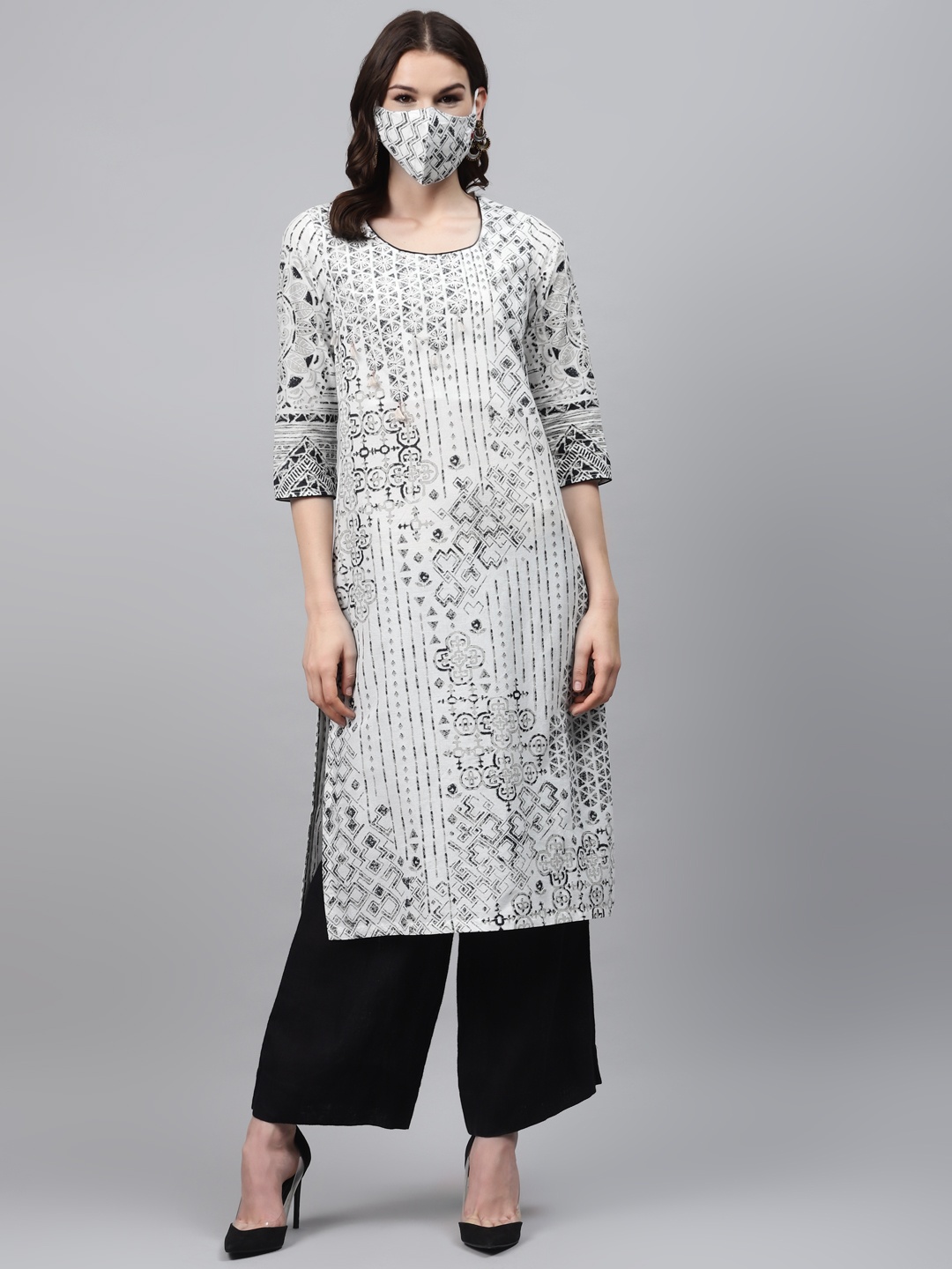 

Biba Women Off-White Black Printed Pure Cotton Straight Kurta