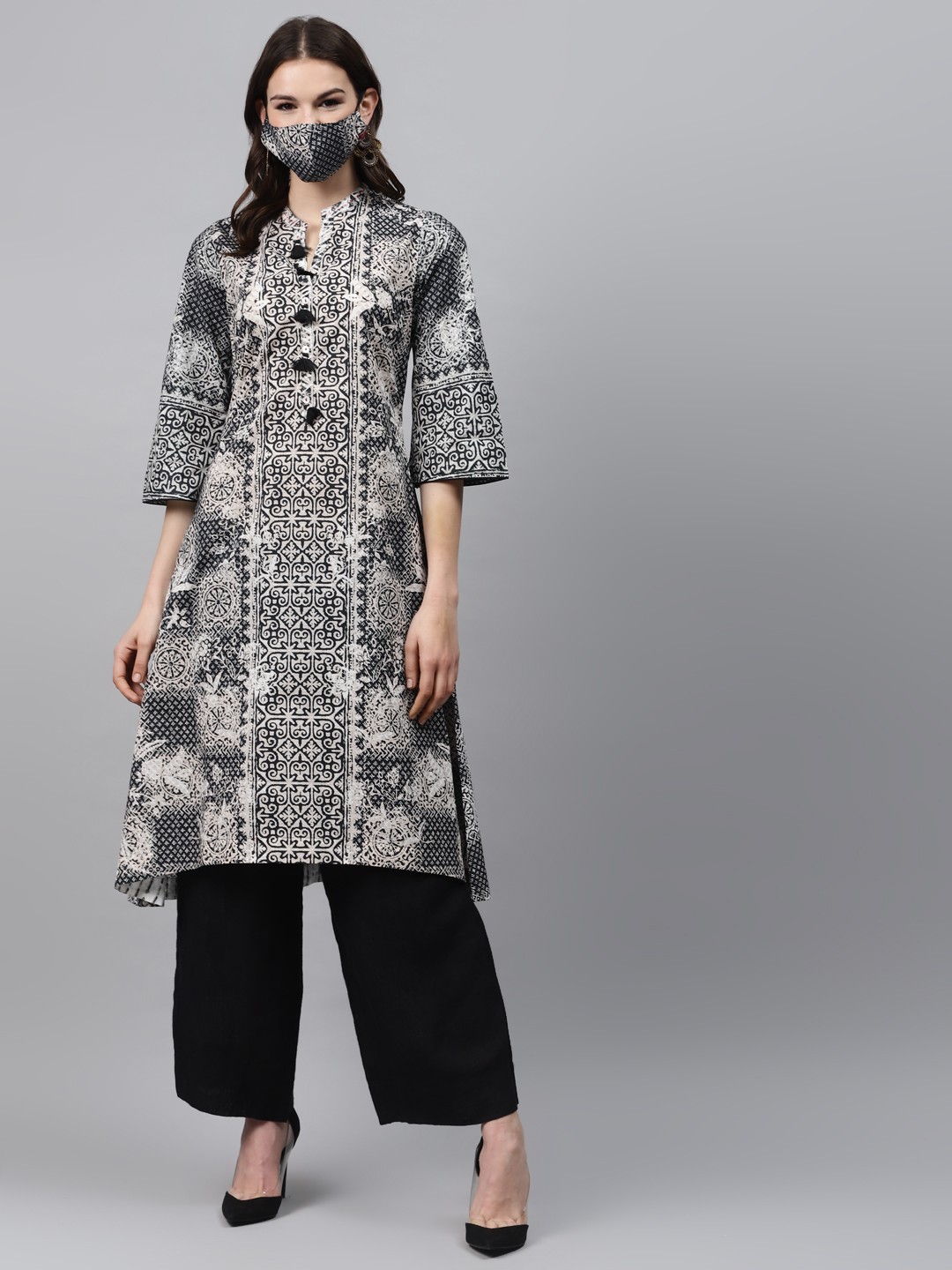 

Biba Women Off-White Black Printed Pure Cotton A-Line Kurta