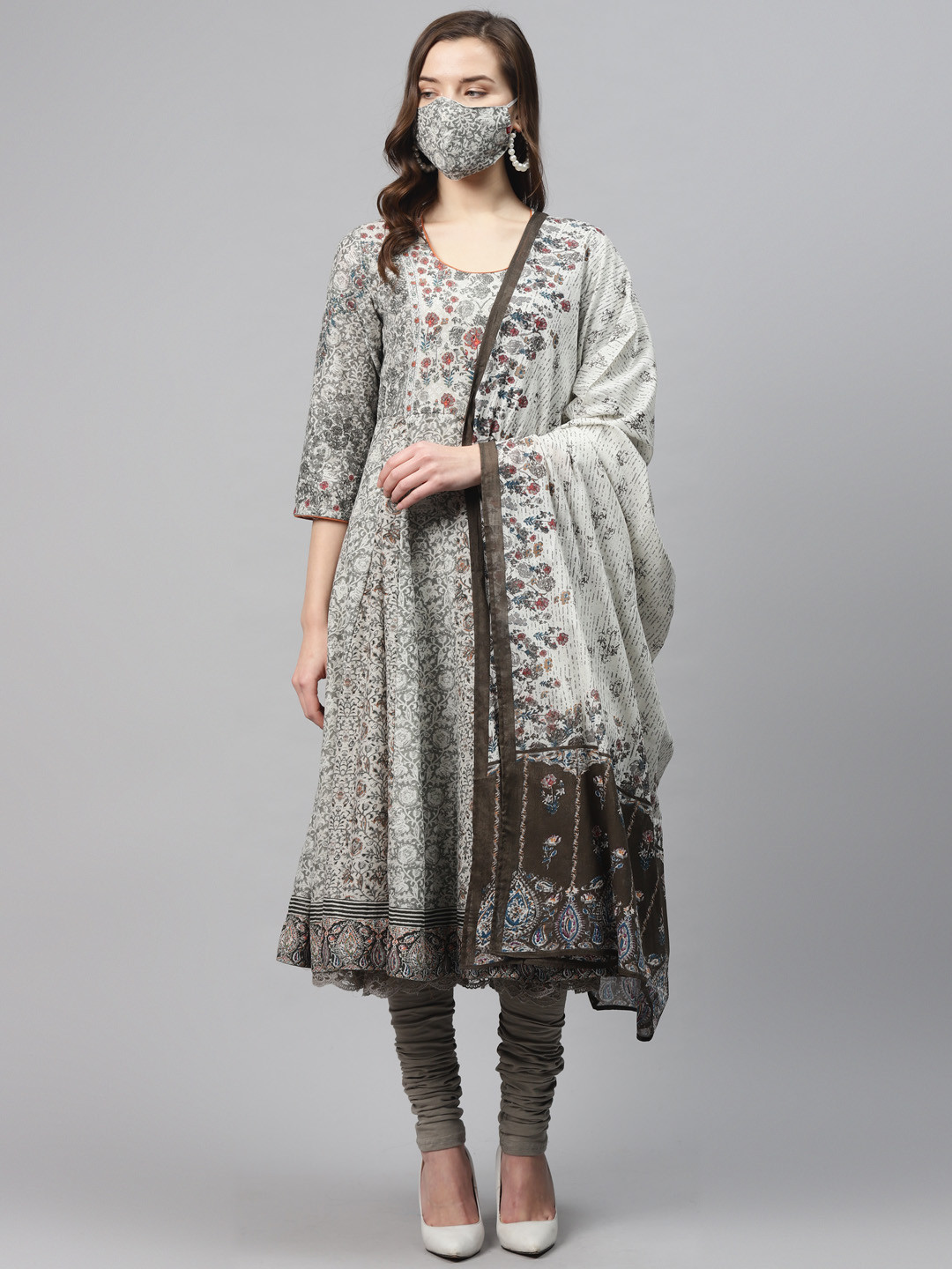 

Biba Women Grey Orange Pure Cotton Printed Kurta Churidar Dupatta