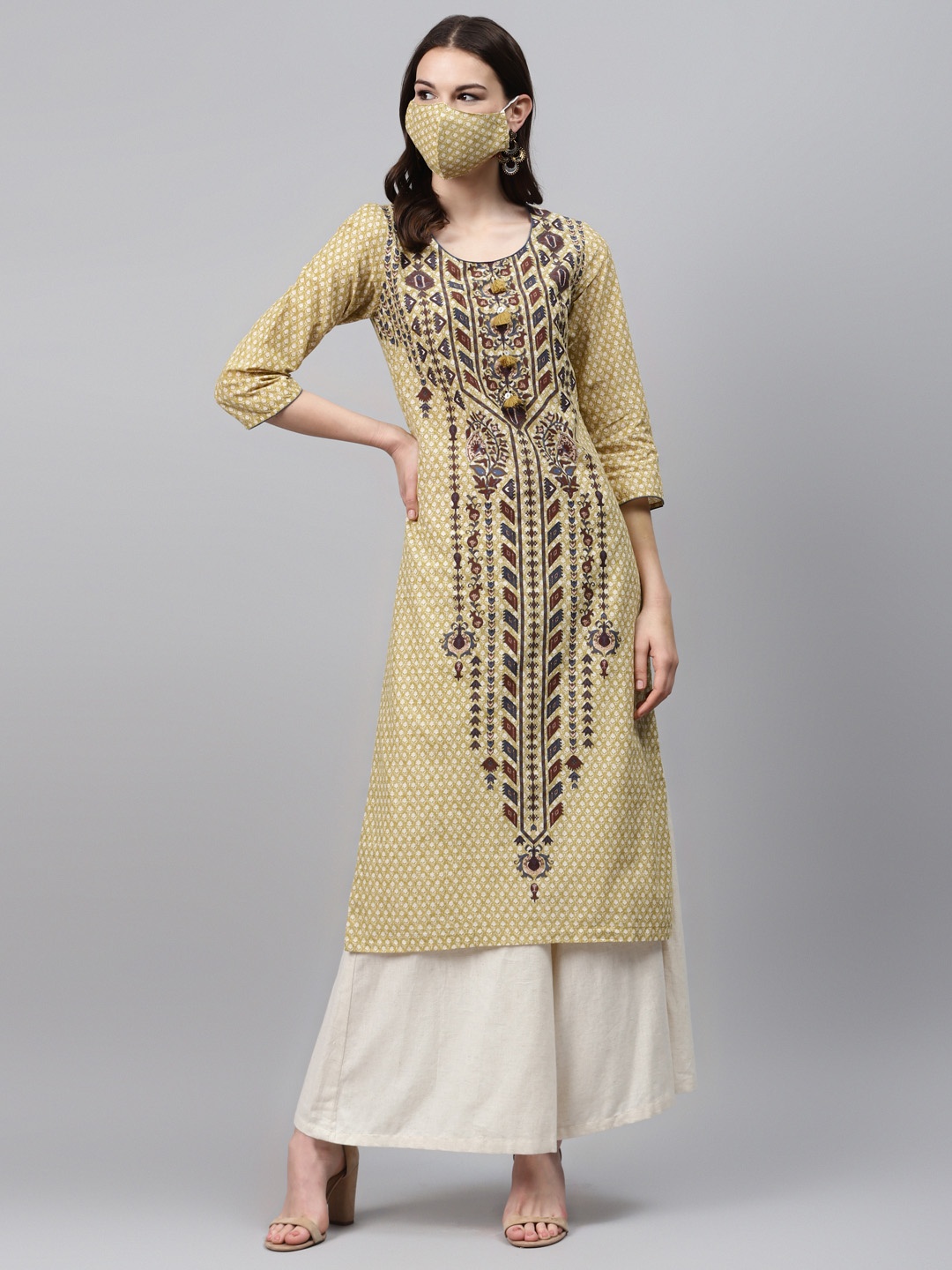 

Biba Women Mustard Yellow Brown Printed Pure Cotton Straight Kurta