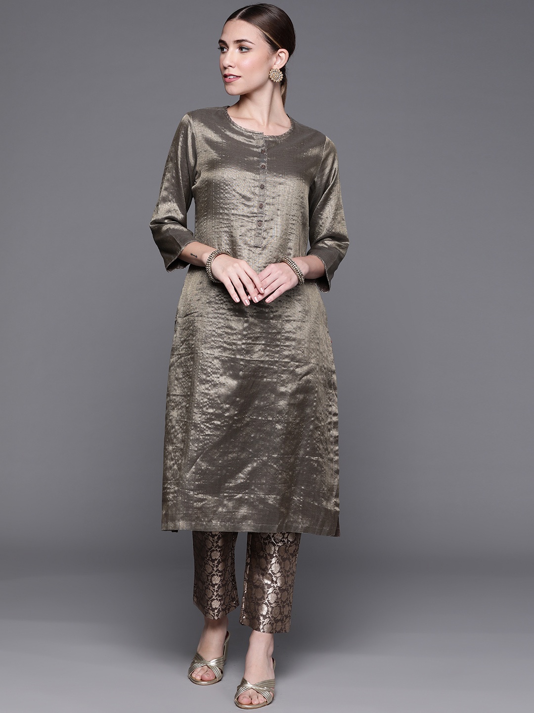 

Biba Women Taupe Solid Sheen Kurta with Woven Design Trousers