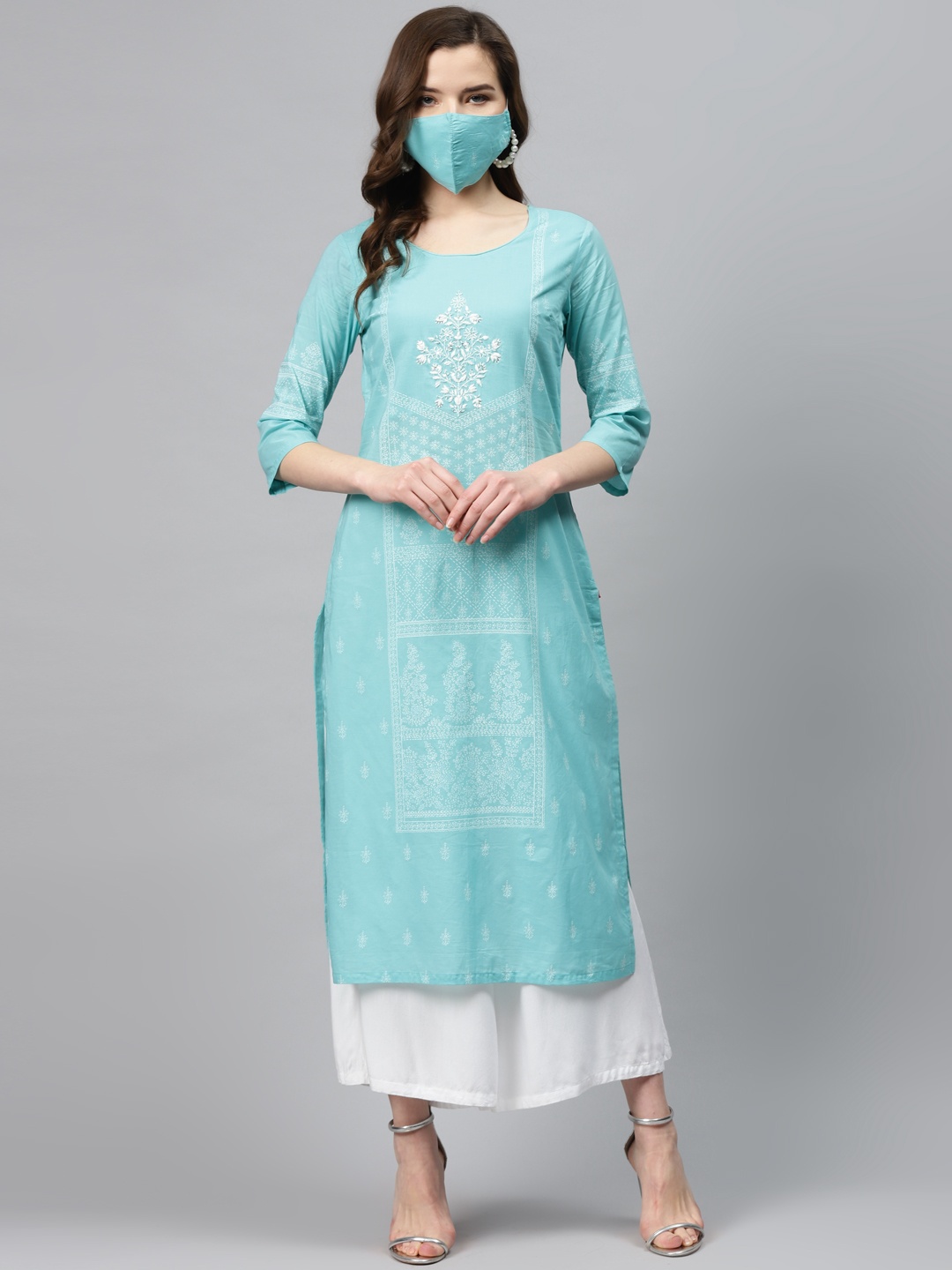 

Biba Women Blue White Printed Pure Cotton Straight Kurta