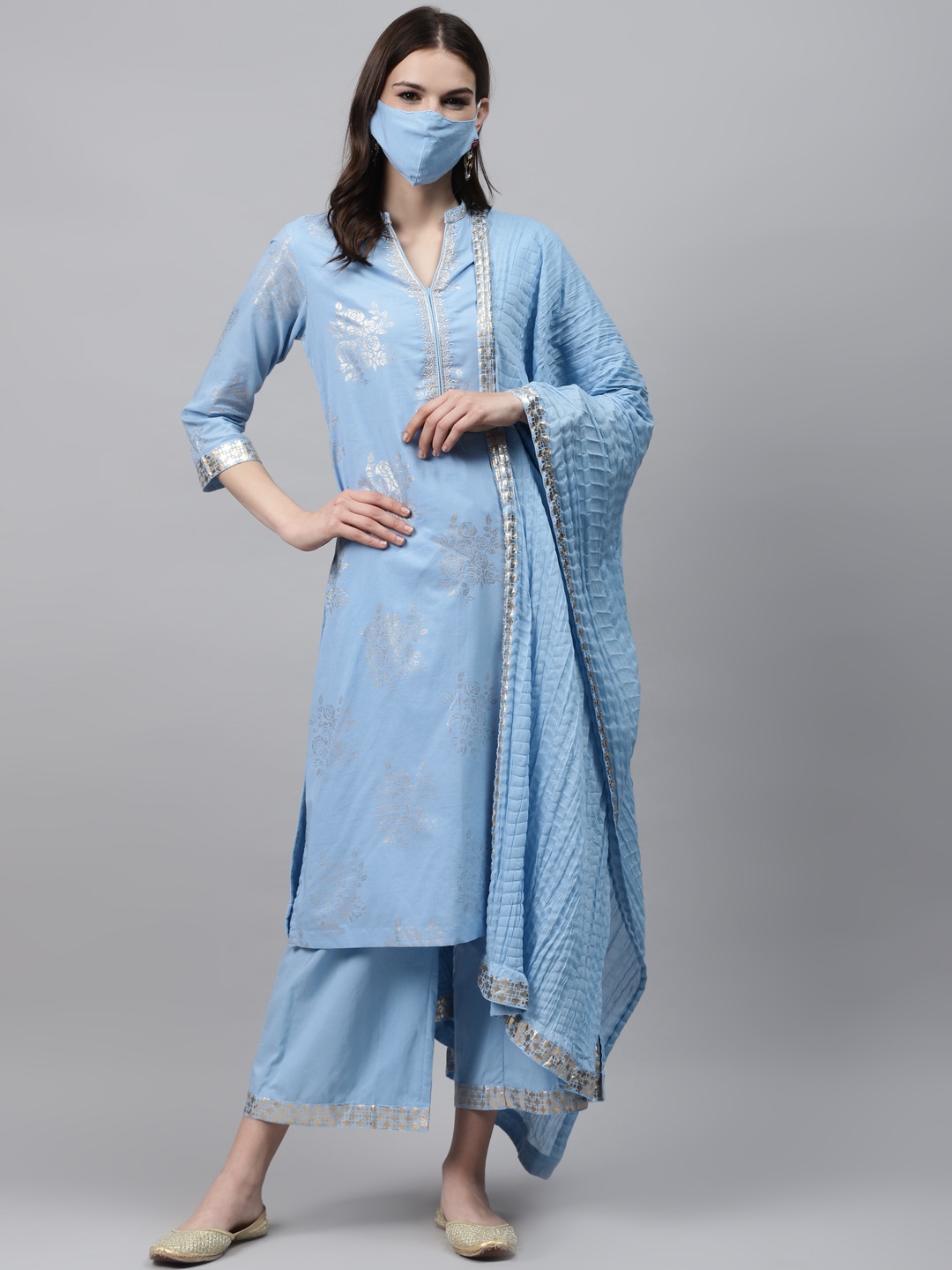 

Biba Women Blue Silver Foil Print Cotton Straight Kurta with Palazzos Dupatta