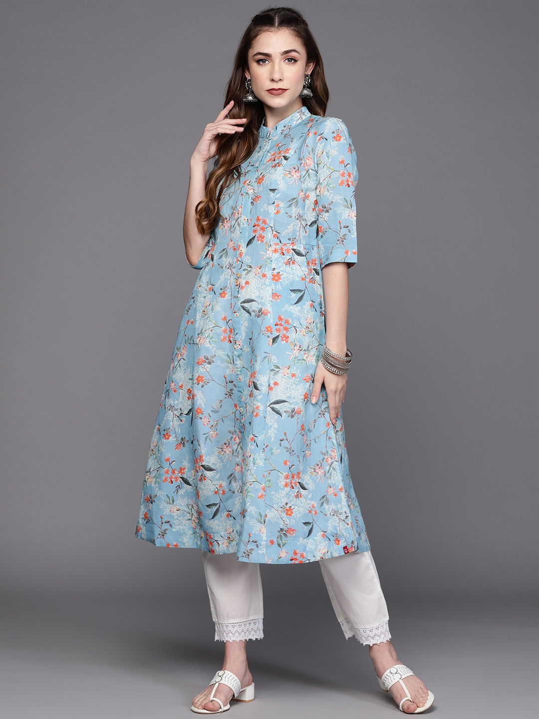 

Biba Women Blue & Orange Floral Printed Pastels Kurta