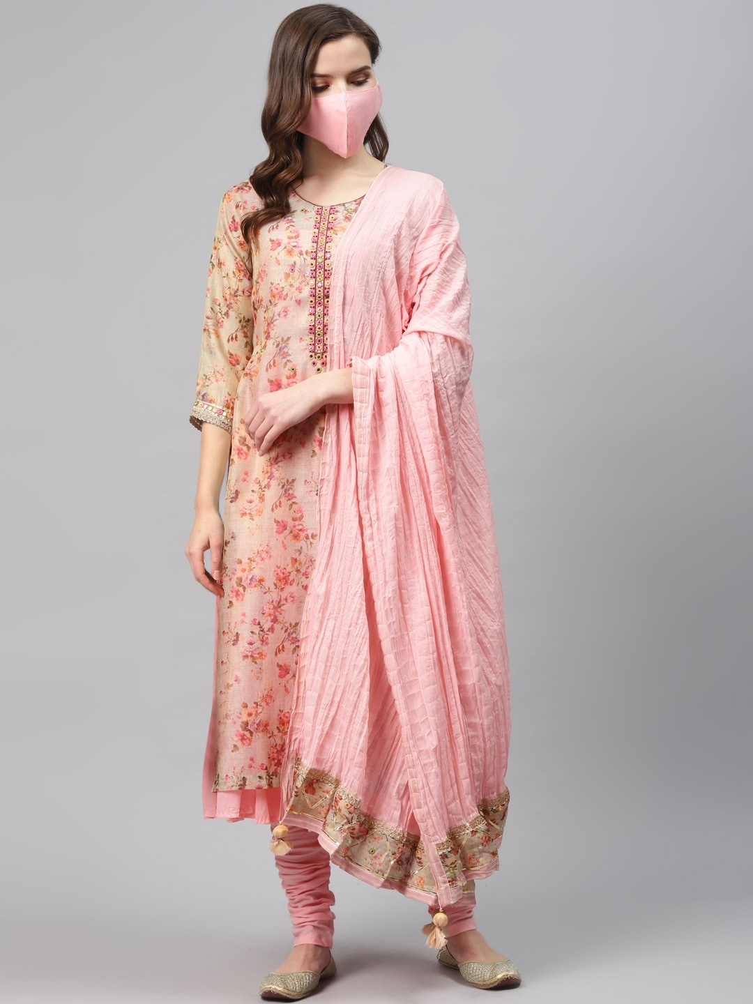 

Biba Women Beige & Peach-Coloured Layered Printed Kurta with Churidar & Dupatta