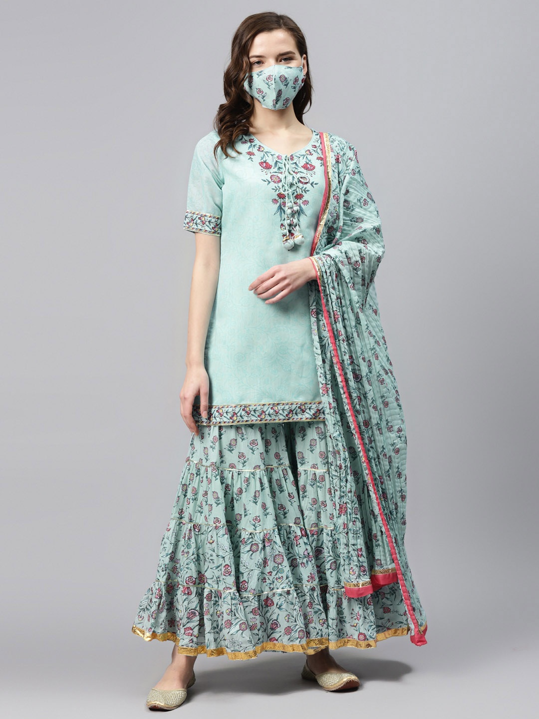 

Biba Women Mint Green Pink Yoke Design Straight Kurti with Sharara Dupatta