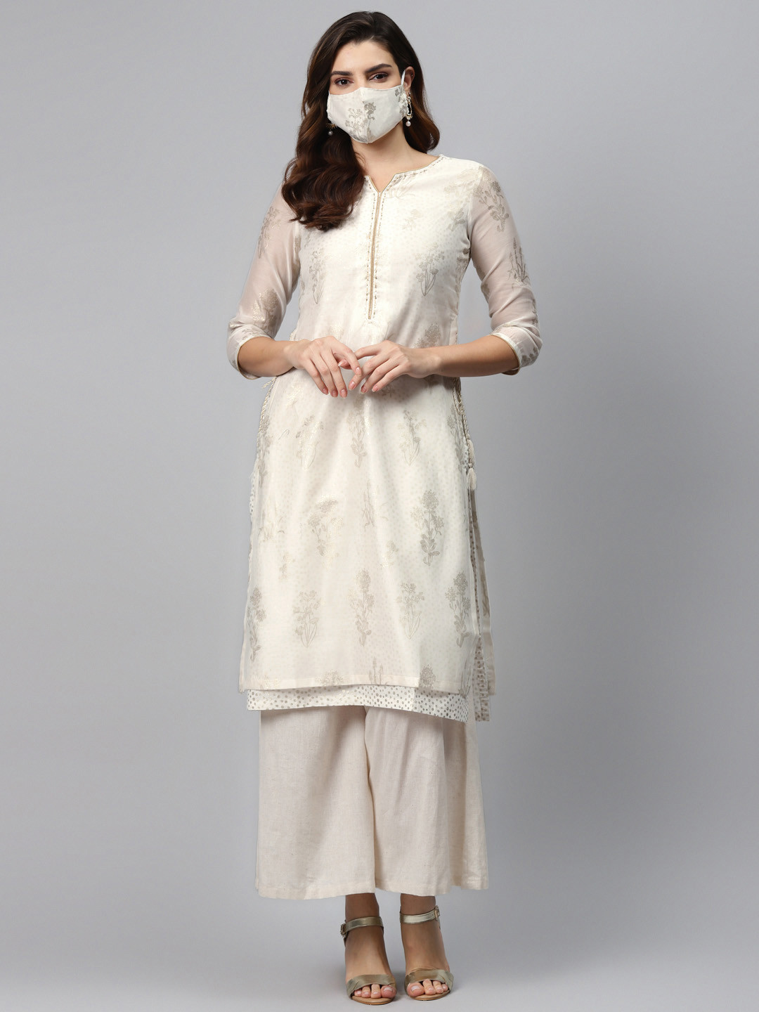 

Biba Women Off-White & Golden Printed Pure Cotton Straight Kurta & Mask