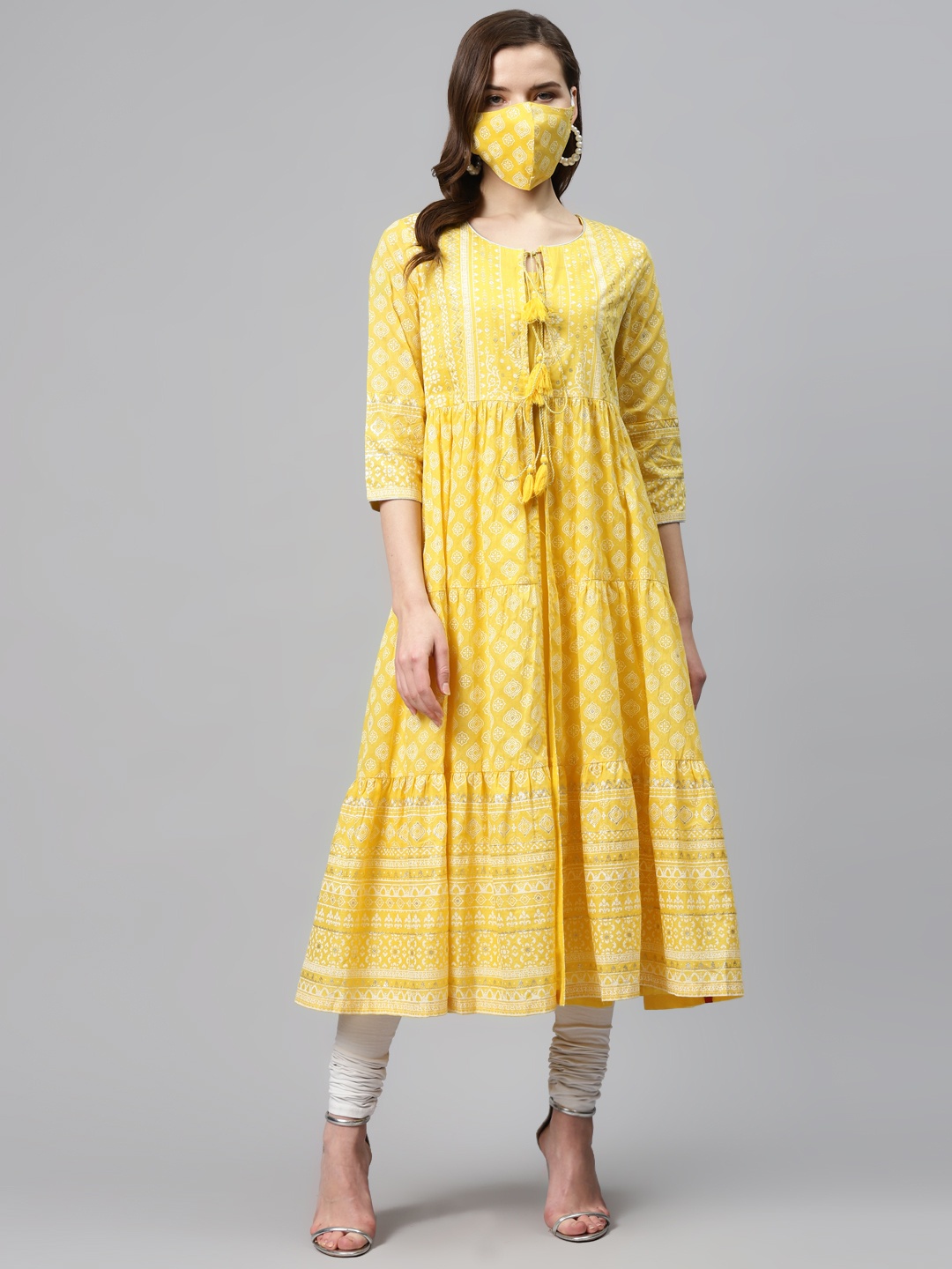 

Biba Women Mustard Yellow & White Pure Cotton Printed A-Line Kurta With Ethnic Jacket