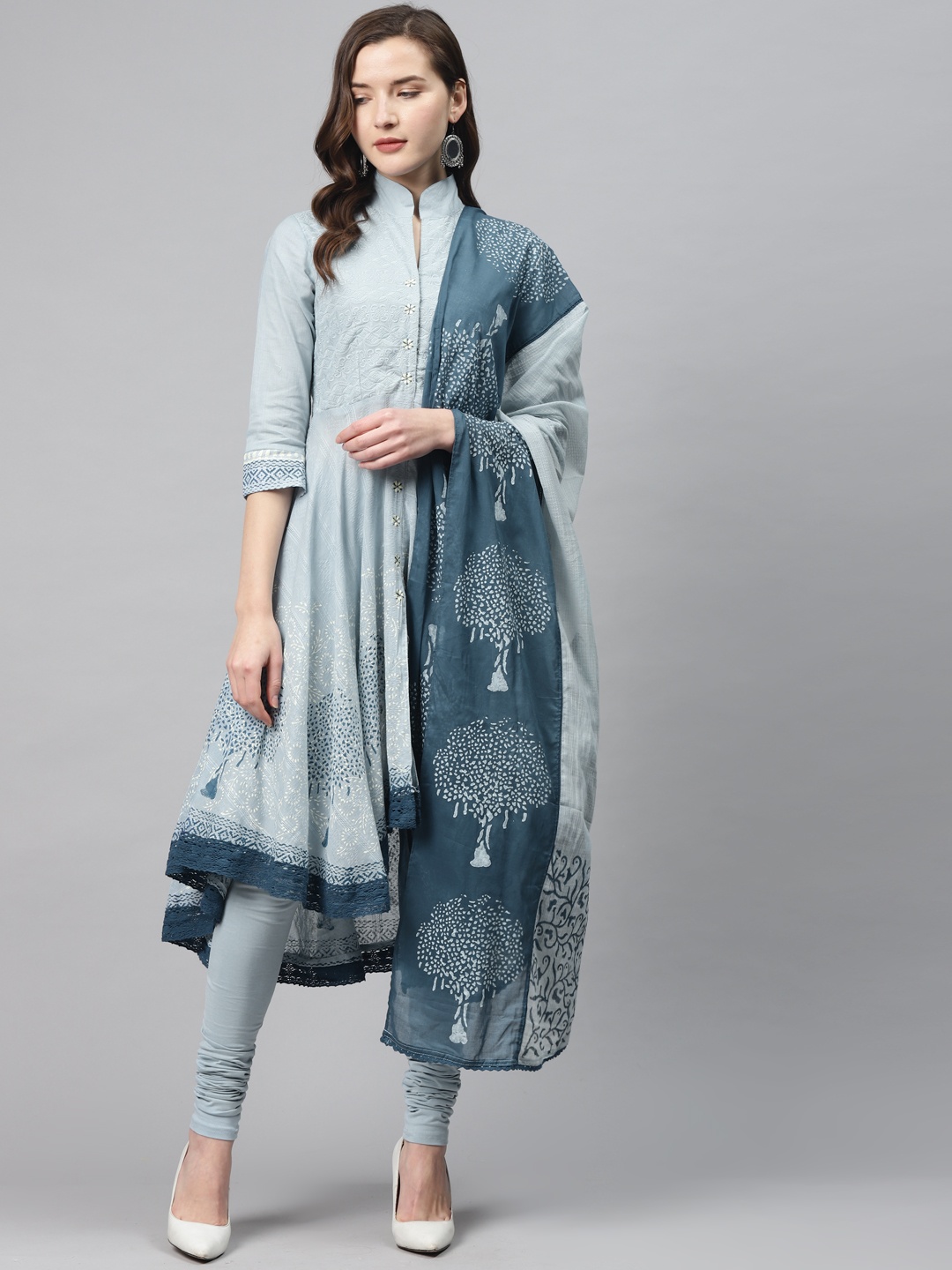 

Biba Women Blue White Embroidered Cotton Anarkali Kurta with Churidar Dupatta