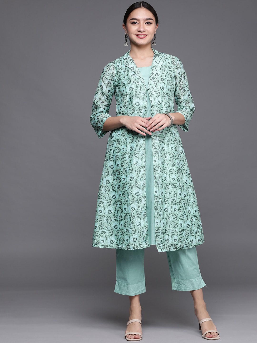 

Biba Women Blue Ethnic Print Regular Kurta And Palazzos With Jacket
