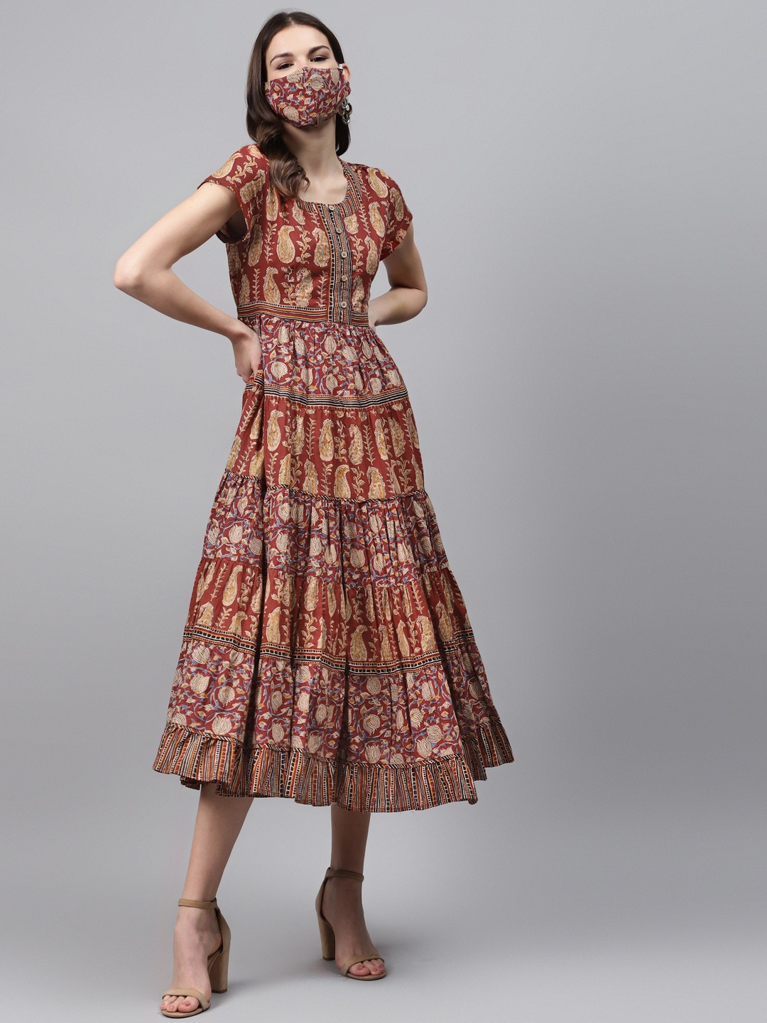 

Biba Women Maroon Printed Pure Cotton Tiered Fit and Flare Dress With Matching Mask