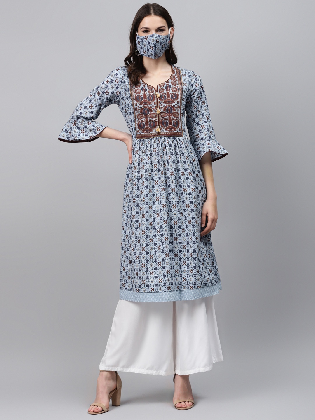 

Biba Women Blue Brown Printed Pure Cotton A-Line Kurta