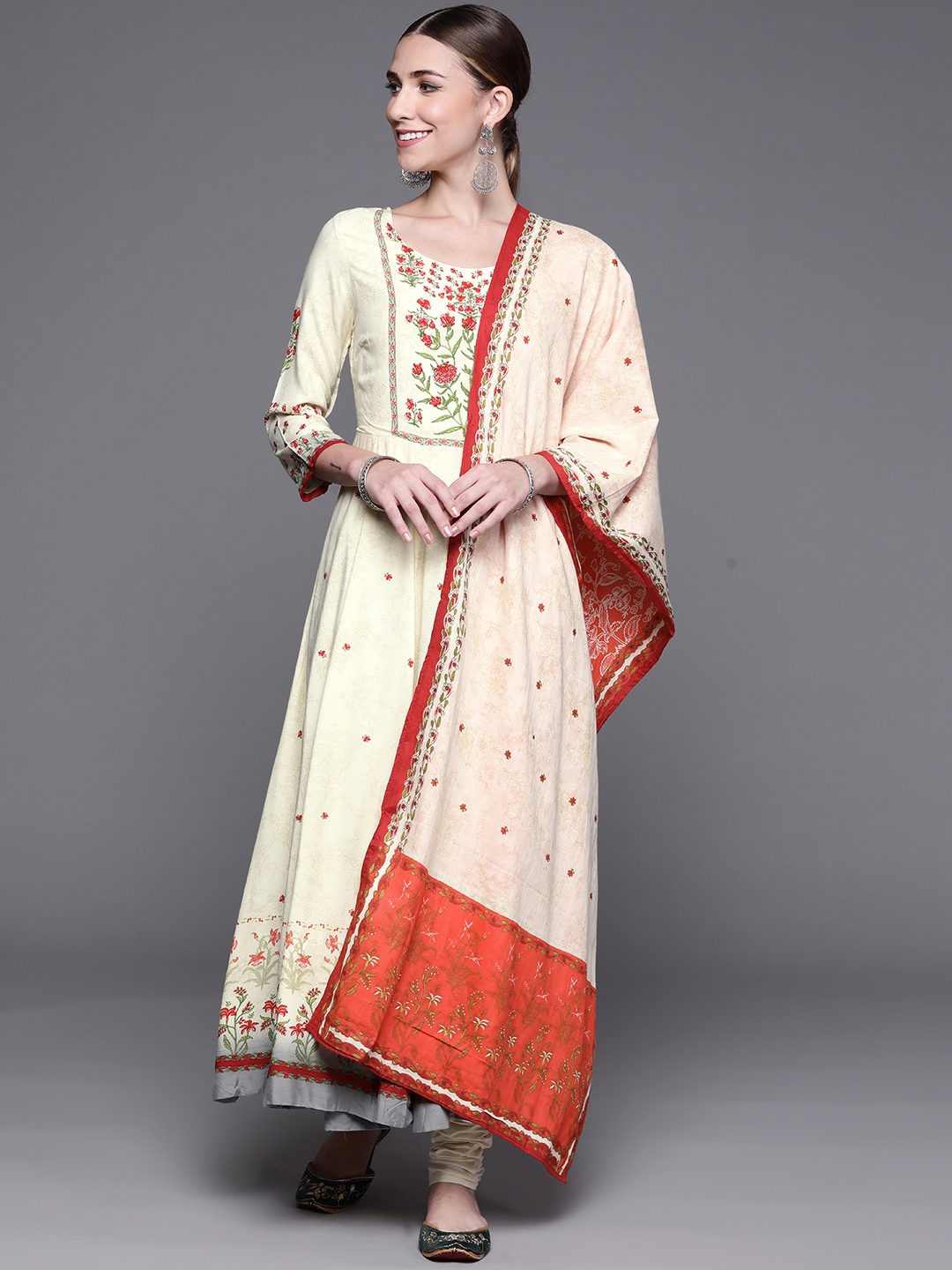 

Biba Women Cream-Coloured & Red Floral Printed Panelled Kurta with Churidar & Dupatta