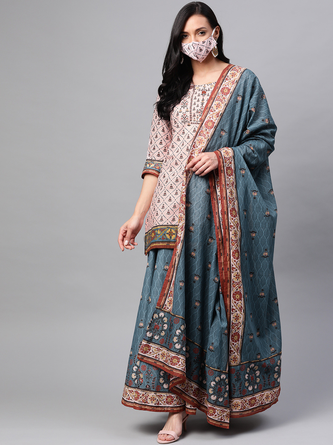 

Biba Women Pink Blue Pure Cotton Ethnic Motifs Printed Kurti with Skirt Dupatta